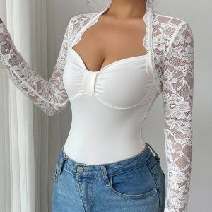 Womens Solid-Color Lace-Panel Knitted Long-Sleeve Slim-Fit T-Shirt