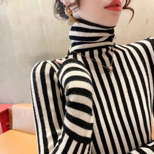 Womens Casual Striped Knitted Turtleneck Sweater