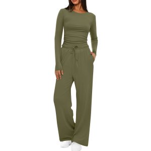 Womens Solid-Color Casual Top And Pants Set