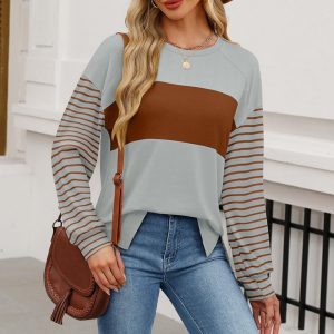 Pullover Crewneck Striped Casual Contrast-color Long-sleeve Top