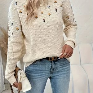 New Romantic Artistic And Pastoral-Style Thickened Round-Knit Daisy Sweater