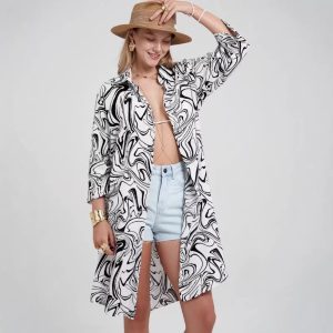 Printed Lapel Single-breasted Cardigan Shirt Dress