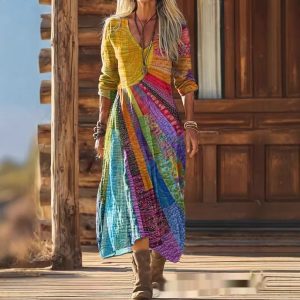 Womens 3D-printed V-neck Long-sleeve Dress