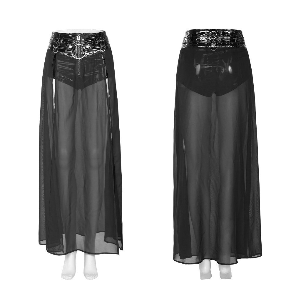 Punk-style Black Mesh Patchwork Faux Two-piece Skirt - Image 5