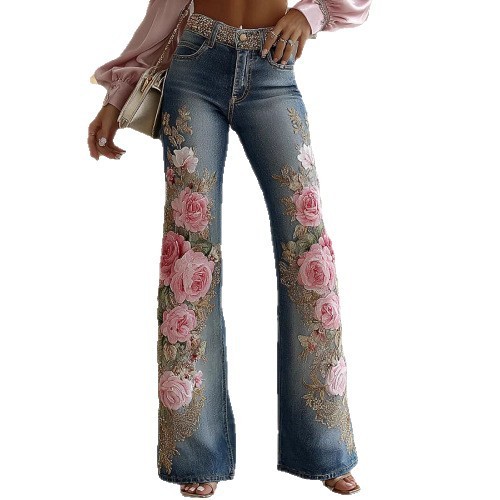 Womens Retro Printed Faux Denim Jeans - Image 5