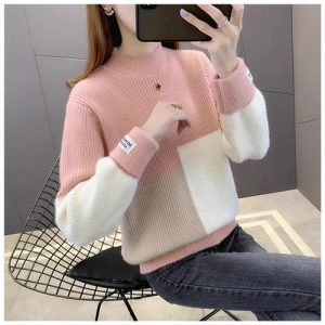Half Turtleneck Loose Fit Color Block Knit Top For Women
