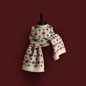 Red Knitted Scarf With Elk Print And Snowflake Pattern Designed For Warmth