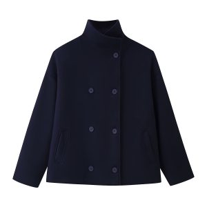 Womens Autumn Fashion Design Short Wool Coat With A Stand Collar And Double-Breasted Buttons