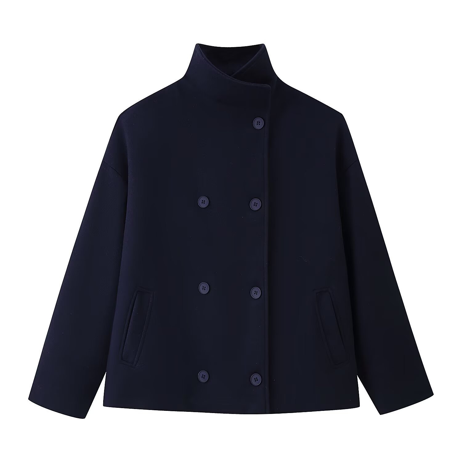 Womens Autumn Fashion Design Short Wool Coat With A Stand Collar And Double-Breasted Buttons - Image 3