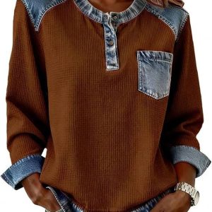 Patchwork Button Pocket Long Sleeved Round Neck Top