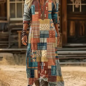 Womens 3D-printed V-neck Long-sleeve Dress