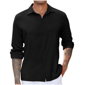 New Mens Casual Bubble-crease Shirt With A Turn-down Collar