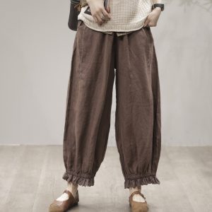 Womens Coffee-Colored Artistic And Fashionable Patchwork Linen Carrot Pants