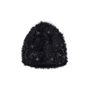 Pearl-beaded Embroidered Knit Beanie With Faux Mink Fur For Warmth