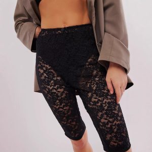 Womens Summer Suspender Lace See Through Sports Shorts