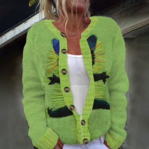 Digital-print Cardigan Knitted Jacket Faux Sweater For Women