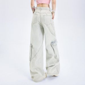 Womens Straight-Leg Multi-Pocket Workwear-Style Loose Wide-Leg Denim Jeans