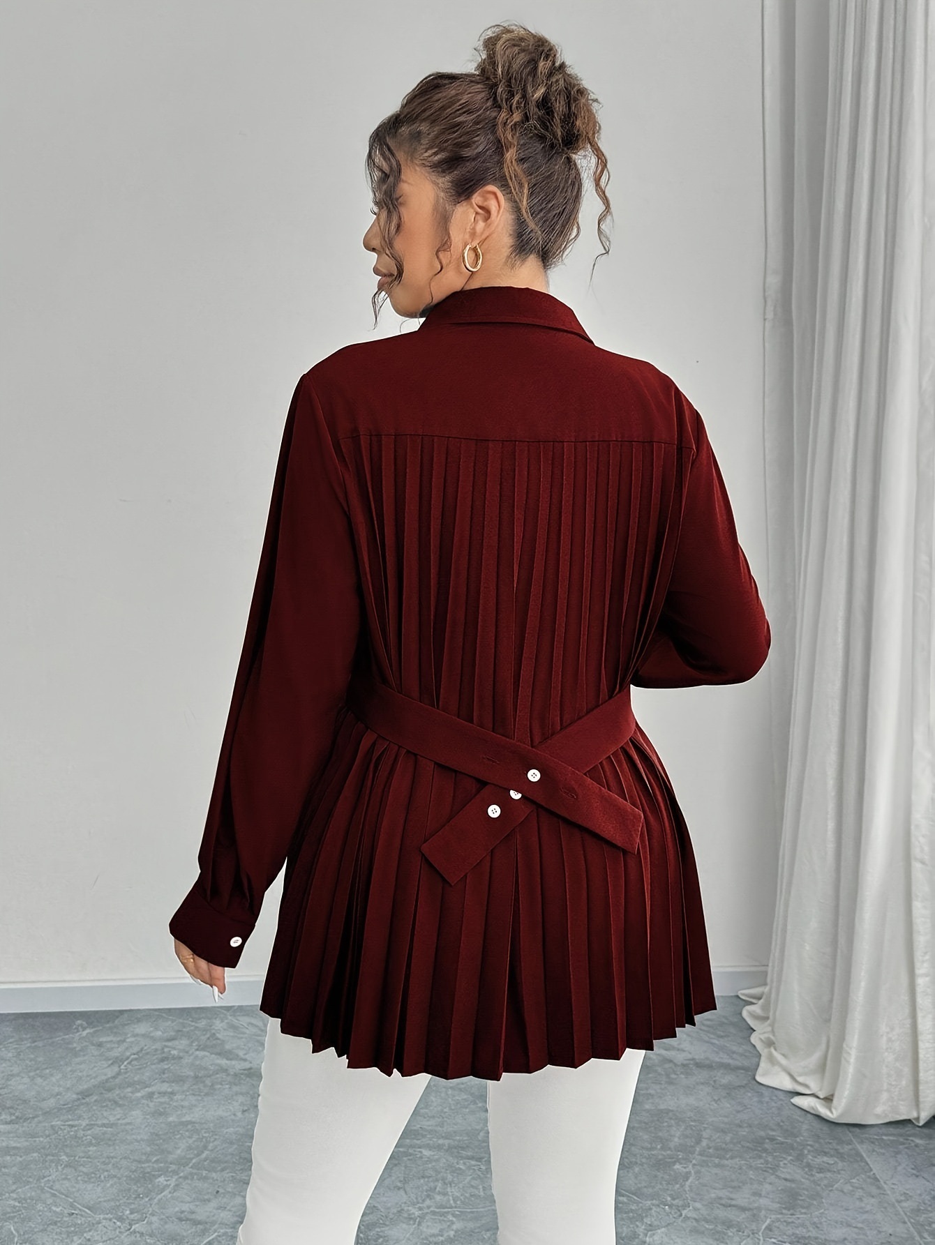 Elegant Casual Solid-color Shirt With Waist Pleats - الصورة 9