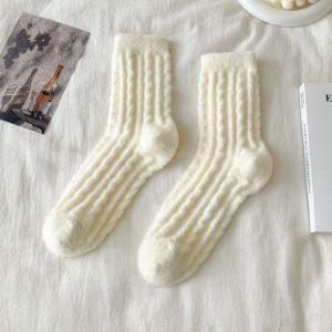 Thick Solid-color Mid-calf Cotton Socks For Women