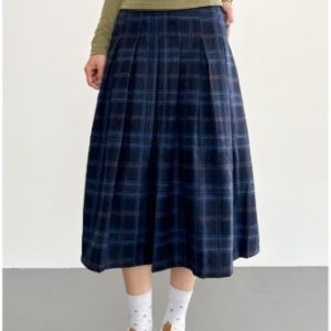 Deep Blue Plaid Preppy-Style Womens A-Line Midi Skirt