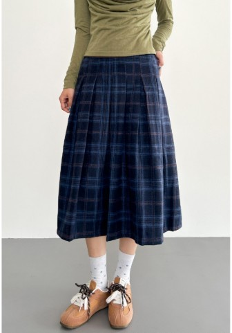 Deep Blue Plaid Preppy-Style Womens A-Line Midi Skirt - Image 4