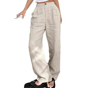 Womens Linen Wide-leg Pants With An Elastic Waist