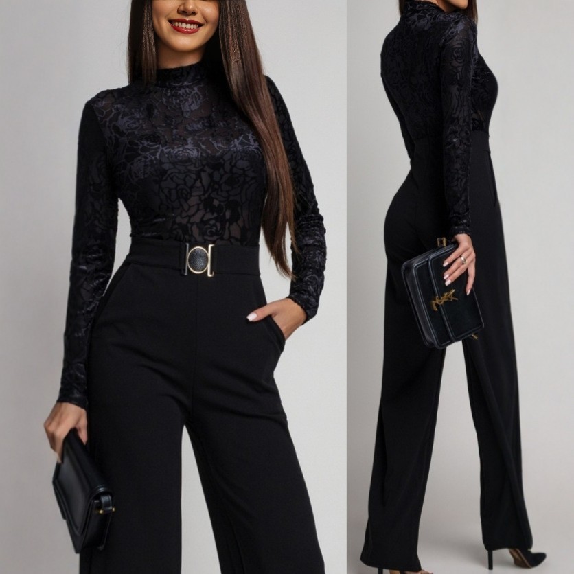 Womens SpringAutumn Lace-Panel Long-Sleeve Jumpsuit - Image 3