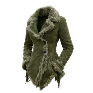 Womens Retro Suede Coat With Fur Collar And Lapel Jacket