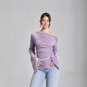 Slimming Pleated Fitted Top With Flared Sleeves