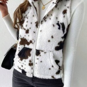 Printed Double-sided Plush Zip-up Cardigan