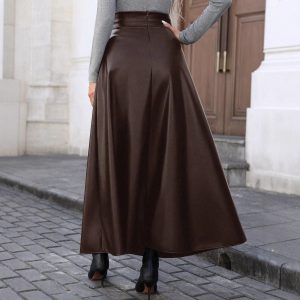 Slimming Hip-covering Mid-length A-line PU Leather Skirt With A Flared Hem
