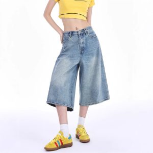 Light Blue Cropped Denim Jeans For Women Thin Style