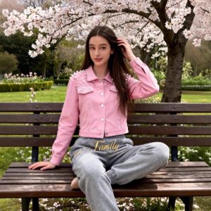 Womens Fashionable Heavy-Detailed Beaded Denim Jacket