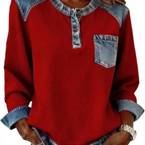Patchwork Button Pocket Long Sleeved Round Neck Top