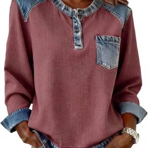 Patchwork Button Pocket Long Sleeved Round Neck Top