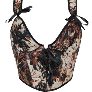 New French-style Oil Painting Inspired Front-tie Fishbone Waist Cincher