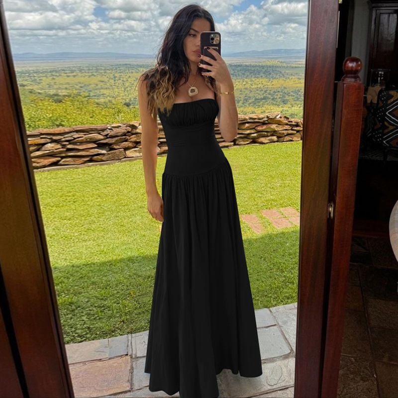 Off-neck Pleated Stitching High Waist Slimming Solid Color Sling Dress - Image 3