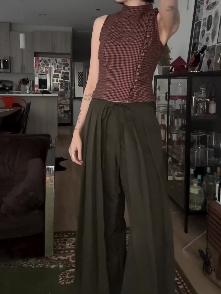 Military Green High Waist Wide-Leg Draped Pants - الصورة 4