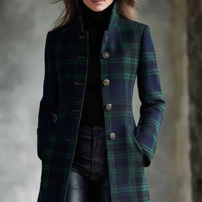 Womens Single-Breasted Plaid Long-Sleeve Long Cardigan Coat - Image 2