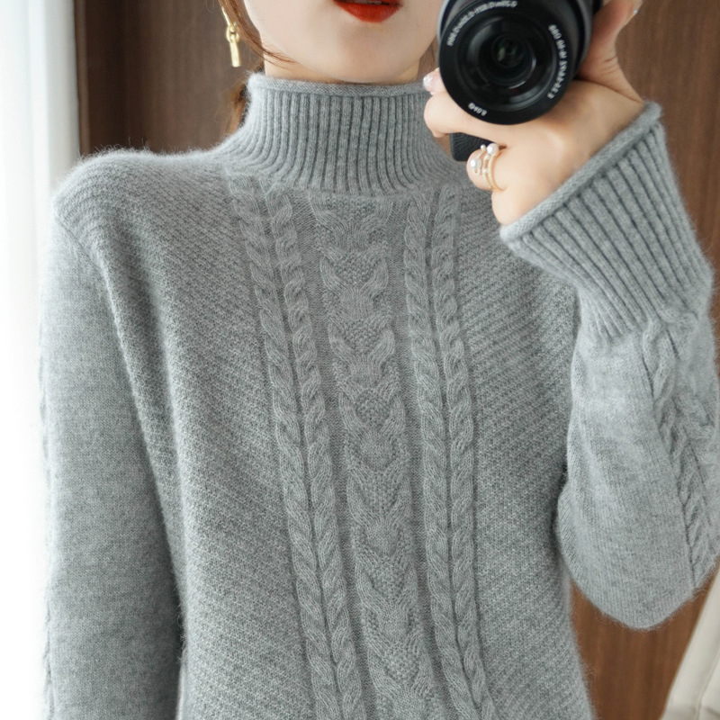 Womens Half-Turtleneck Sweater With Cable Knit And Thickened Design - Image 2
