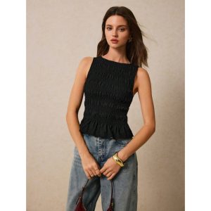 Womens Solid-Color Pleated Crew-Neck Casual Tank Top