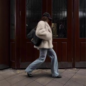 Mid Length Womens Faux Fox Fur Coat With A Blazer Style Collar