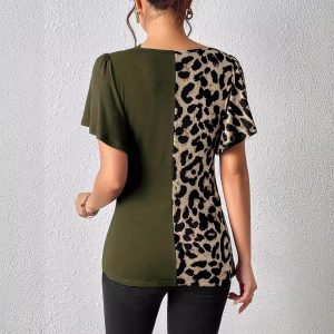 Womens Leopard-Print Asymmetrical-Neck Butterfly-Sleeve Patchwork Top