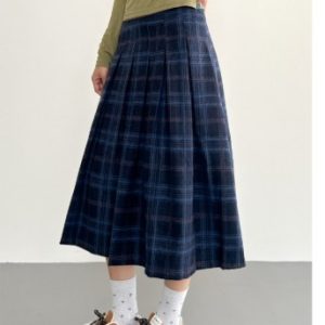 Deep Blue Plaid Preppy-Style Womens A-Line Midi Skirt