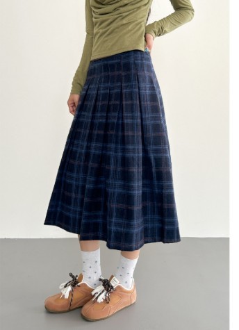 Deep Blue Plaid Preppy-Style Womens A-Line Midi Skirt - Image 5
