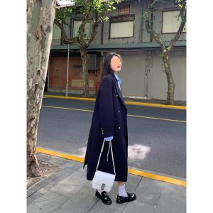 Navy Blue Womens Structured Wool Coat With A Refined Shoulder-Enhancing Design