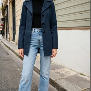 Womens French-Style Vintage Notch-Collar Wool Coat Relaxed Fit