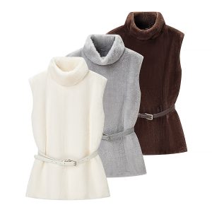 Casual Minimalist Waist Belt High Neck Fur Vest