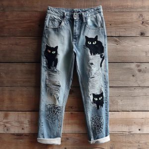New Fashion Digital-print Denim Straight-leg Pants