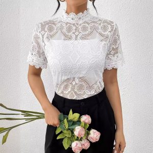 Womens White Lace-panel Trim Top